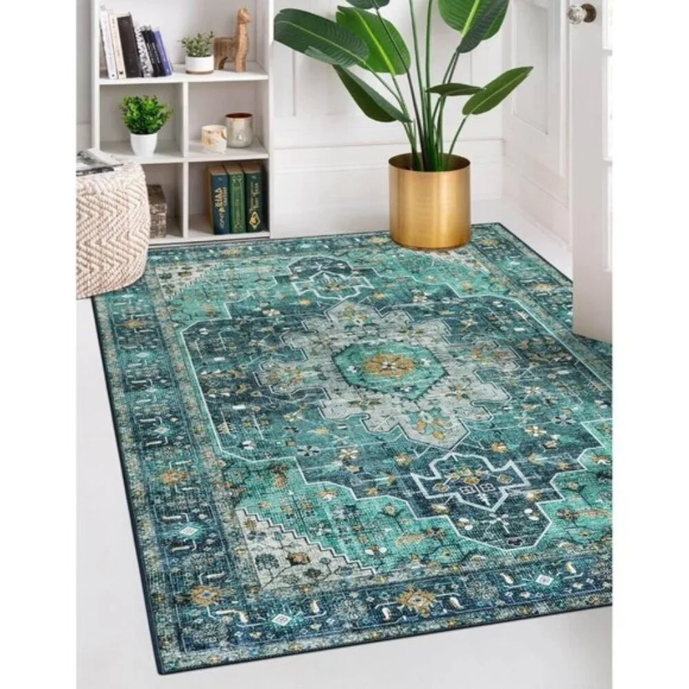 New 5x7 Teal Vintage Area Rug, Ultra-Thin, Washable, Non-Slip Medallion Carpet